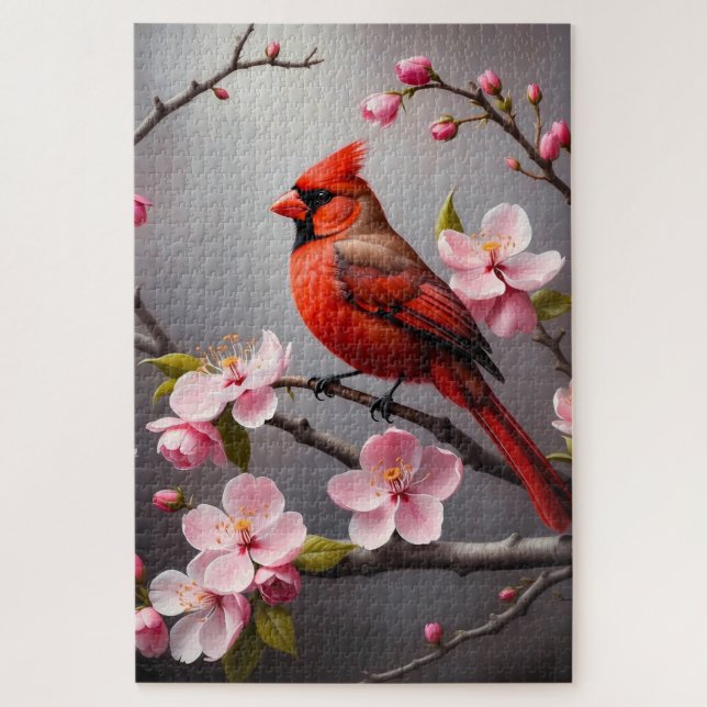 Puzzle Cardinal rouge avec oiseau à fleurs roses  (Vertical)