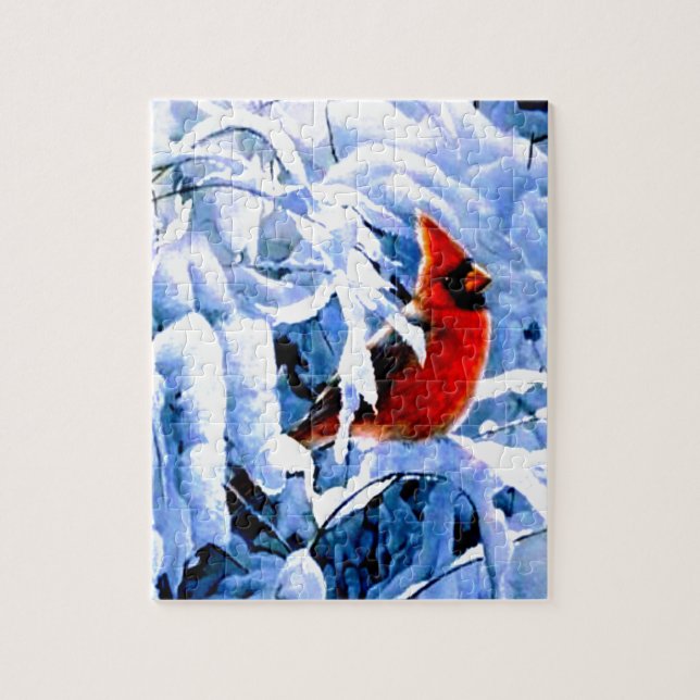 Puzzle Cardinal rouge dans la neige d'hiver (Vertical)