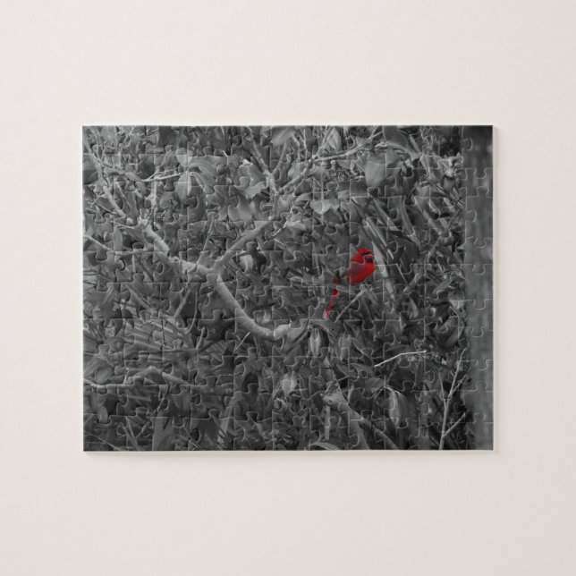 Puzzle Cardinal rouge dans un arbre noir et blanc (Horizontal)