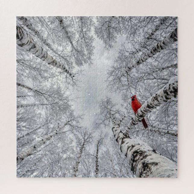 Puzzle Cardinal rouge dans une forêt de bouleaux blancs h (Vertical)