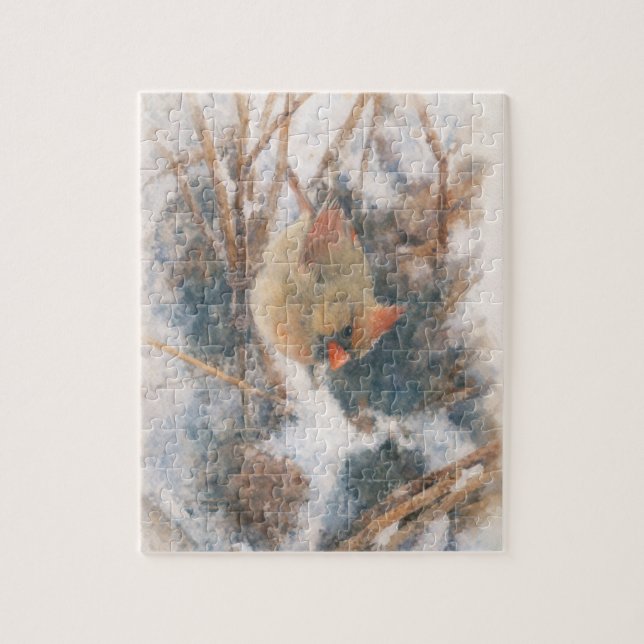 Puzzle Cardinal rouge femelle aquarelle d'hiver (Vertical)