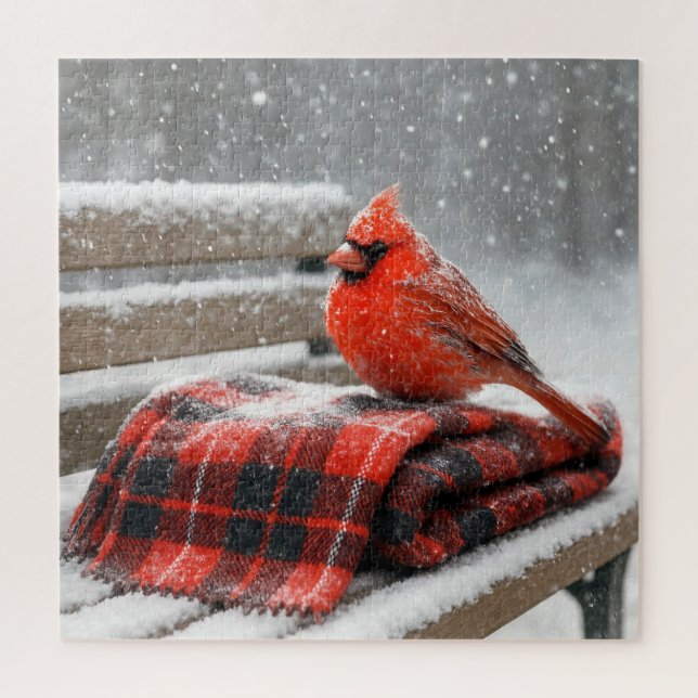 Puzzle Cardinal rouge sur une couverture écossaise enneig (Vertical)