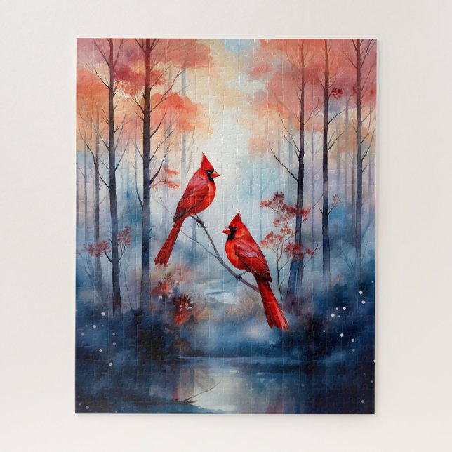 Puzzle Cardinaux rouges dans une forêt brumeuse (Vertical)