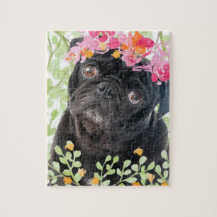 Puzzle Carlin adorable avec fleurs d'aquarelle
