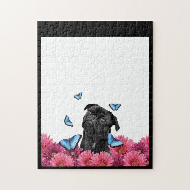 Puzzle Carlin Noir Avec Papillons Bleus Et Gerberas (Vertical)