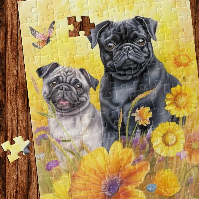 Puzzle Carlins Fawn Black Jaune Fleurs sauvages Chiot Amo (Créateur téléchargé)