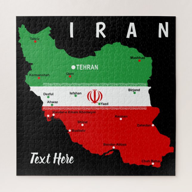 Puzzle Carte de l'Iran avec drapeau et emblème (Vertical)