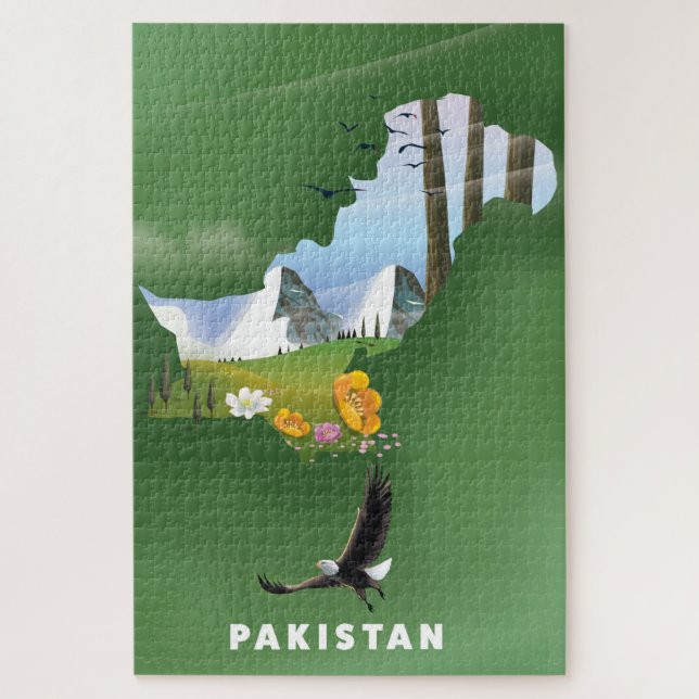 Puzzle Carte de voyage illustrée du Pakistan. (Vertical)