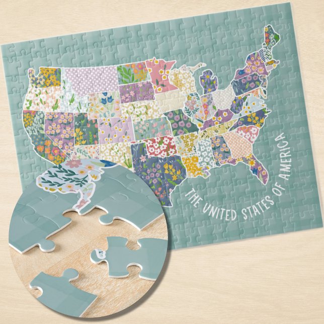 Puzzle Carte des motifs floraux des États-Unis (USA MAP Illustrated Floral Pattern Puzzle)
