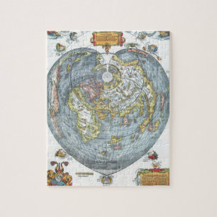 Puzzle Carte du monde antique en forme de cœur vintage Pe