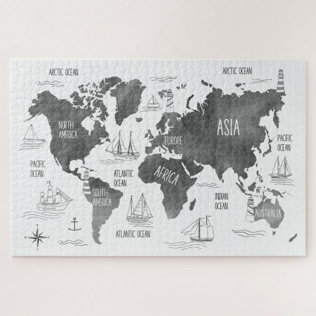 Puzzle Carte du monde Art noir blanc Nautique (Horizontal)
