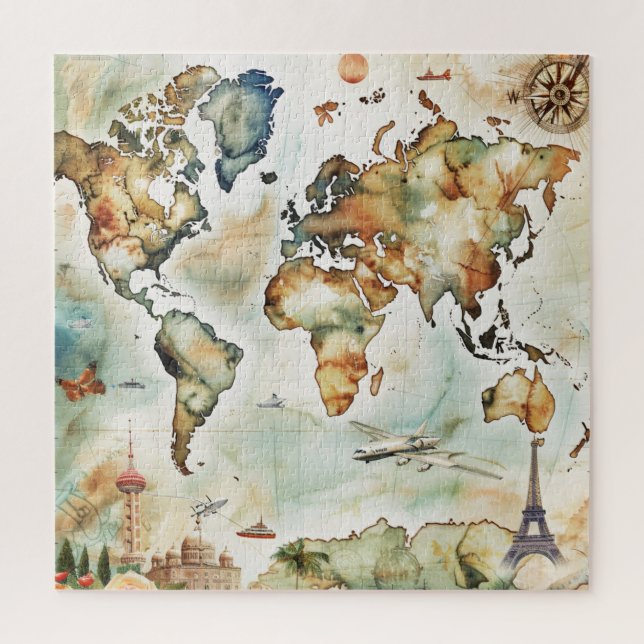 Puzzle Carte du monde vintage design voyage aventure (Vertical)