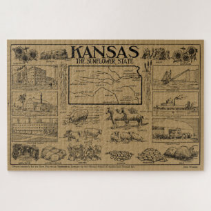 Puzzle Carte illustrative Vintage du Kansas (1912) - Tan