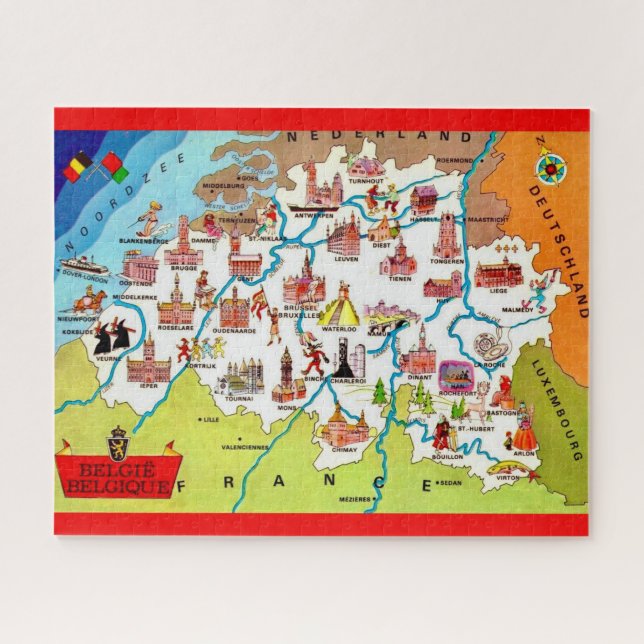 Puzzle Carte illustrée de Belgique colorée (Horizontal)