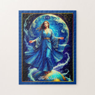 Puzzle Carte Tarot, le monde, en bleu profond