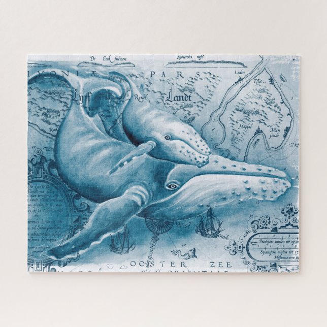 Puzzle Carte Vintage bleue des baleines (Horizontal)