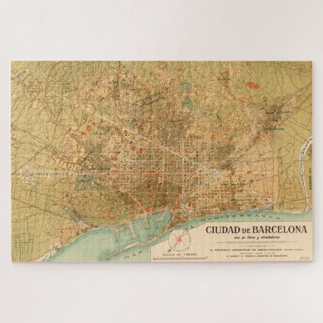 Puzzle Carte vintage de Barcelone Espagne (1919) (Horizontal)