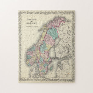 Puzzle Carte vintage de Norvège et de Suède (1856)