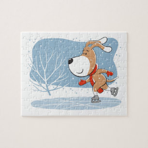 Puzzle Cartoon Cute Dog Puppy Ice Skating Winter Snow