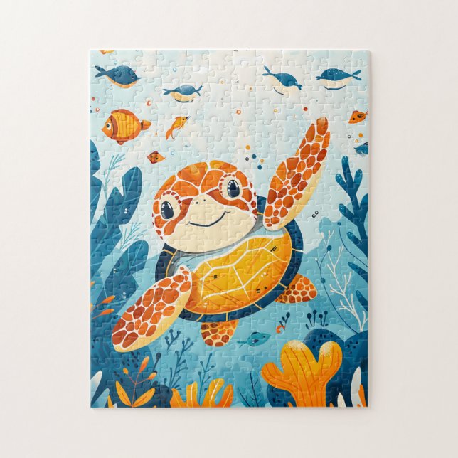 Puzzle Cartoon Sea Turtle Swims in Kelp Forest (Vertical)