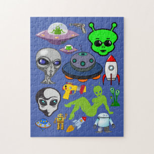 Puzzle Cartoon Space Aliens Grays UFO Art Collage feuille