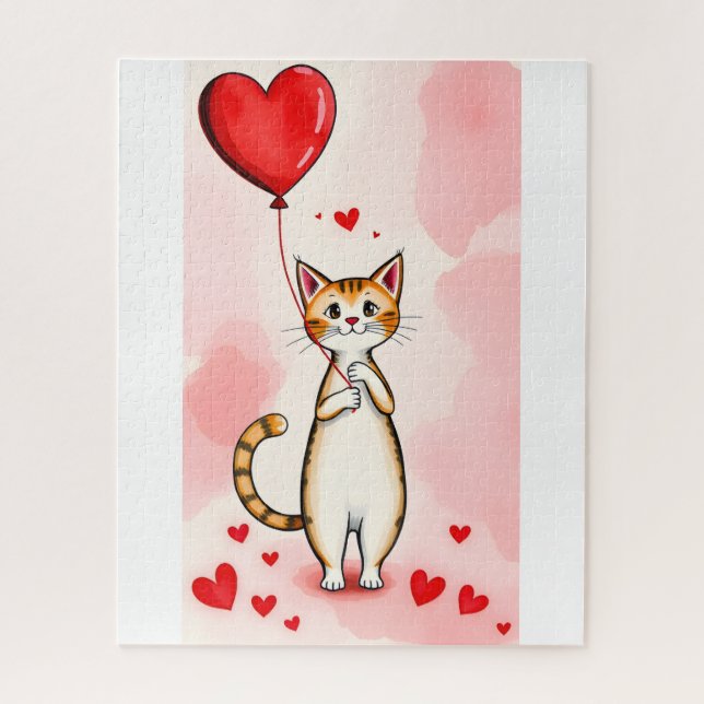 Puzzle Casse-tête Chat Cœurs Rouges Bonne Saint-Valentin  (Vertical)