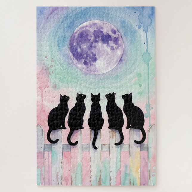 Puzzle Casse-tête Chats au Clair de Lune – Aquarelle Cinq (Vertical)
