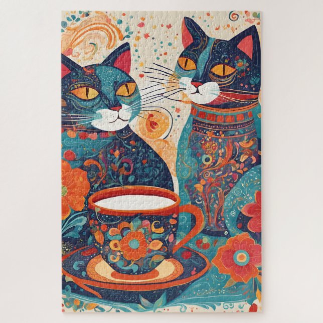 Puzzle casse-tête chats boivent du café (Vertical)