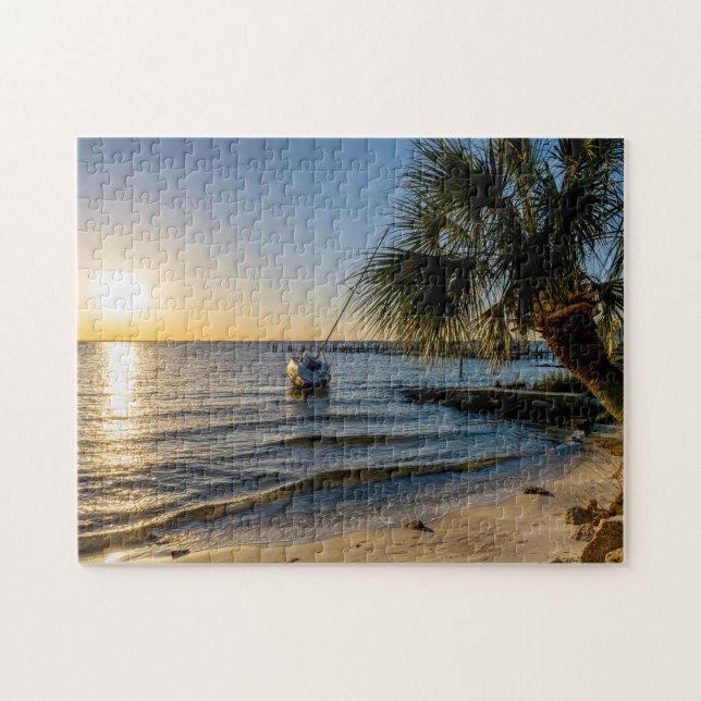 Puzzle Casse-tête de coucher de soleil avec palmier pench (Horizontal)