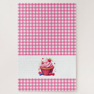 Puzzle Casse-tête de Cupcake aux Fraises à Carreaux Roses
