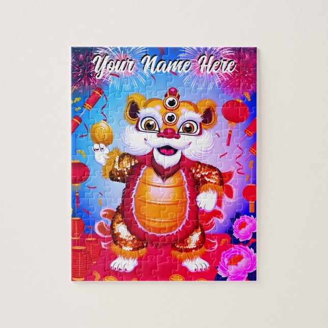 Puzzle Casse-tête de la danse du lion chinois mignon (Vertical)