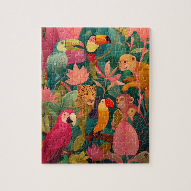 Puzzle Casse-tête de la jungle – Léopard, perroquet, touc (Vertical)