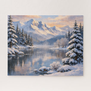 Puzzle Casse-tête du lac de montagne hivernal enneigé en 