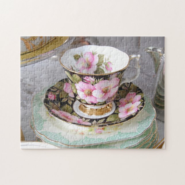 Puzzle Casse-tête rose et noire de tasse de thé de Foral (Horizontal)