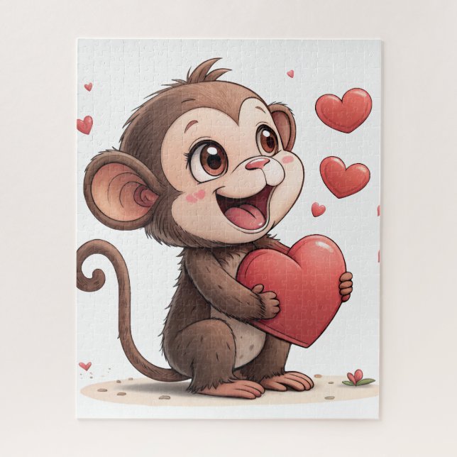 Puzzle Casse-tête Singe Cœurs Rouges Bonne Saint-Valentin (Vertical)