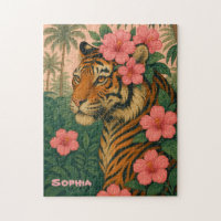 Casse-tête Tigre Vintage avec Fleurs Tropicales Ro
