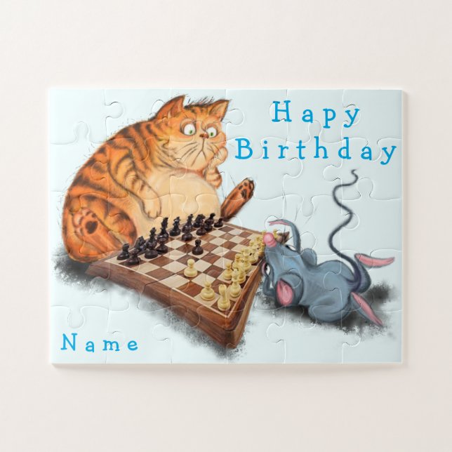 Puzzle Cat and Mouse Playing Chess - Add Name - Birthday (Horizontal)