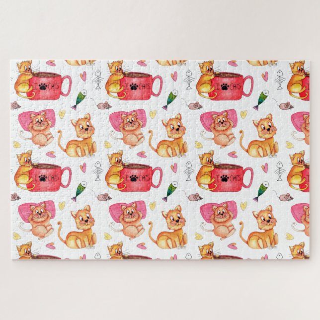Puzzle Cat crazy watercolor fun cartoon fish mice pattern (Horizontal)