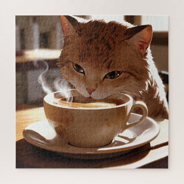 Puzzle Cat drinking coffee from a cup (Vertical)