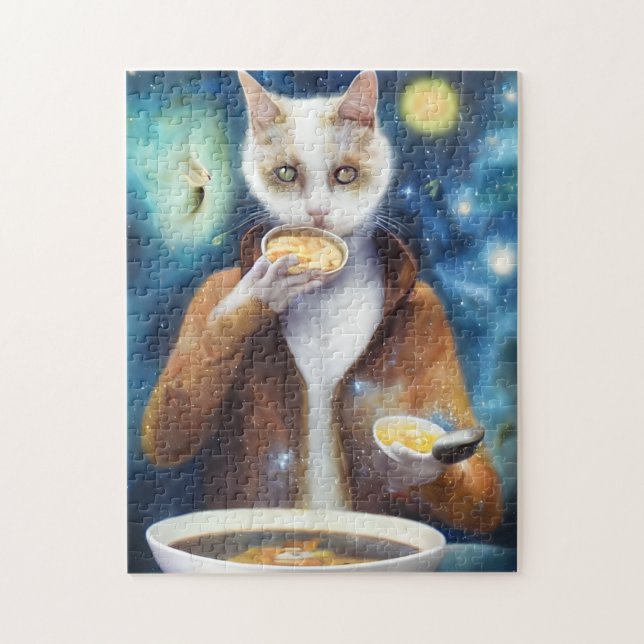 Puzzle Cat in jumpsuit eating soup made out of galaxies  (Vertical)