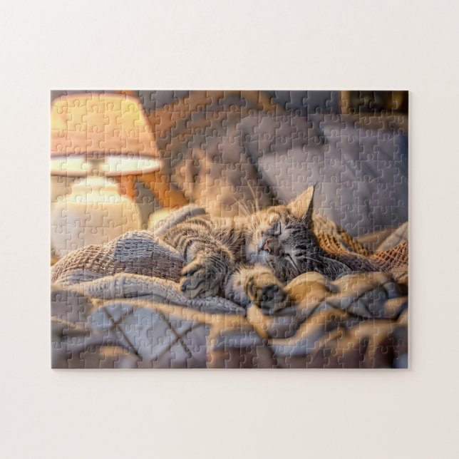 Puzzle Cat lounging on couch with blanket and lamp (Horizontal)