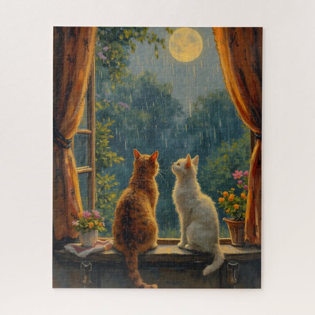 Puzzle Cats looking at the moon and rain (Vertical)