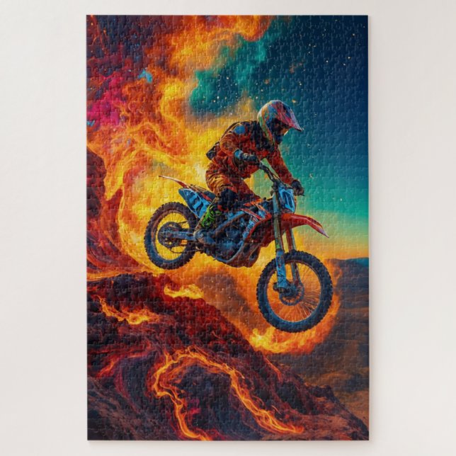 Puzzle Cavalier de motocross échappant aux flammes (Vertical)