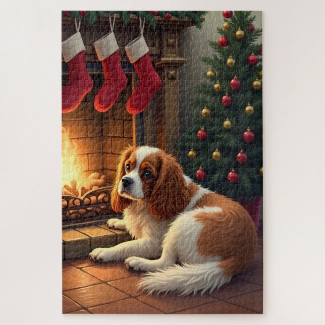 Puzzle Cavalier King Charles au coin du feu de Noël (Vertical)