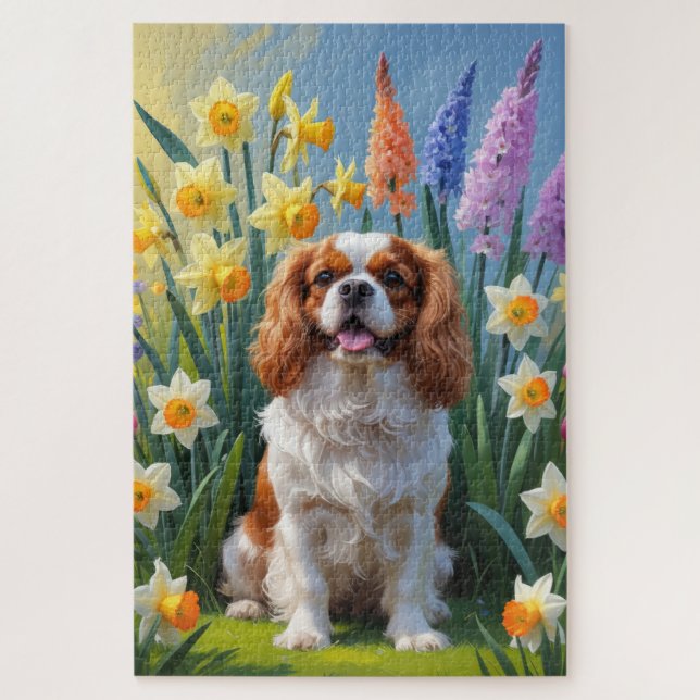 Puzzle Cavalier King Charles Spaniel Fleurs de printemps (Vertical)