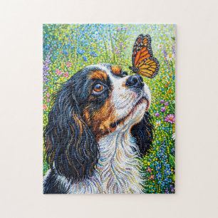 Puzzle Cavalier King Charles Spaniel Jardin aux Papillons