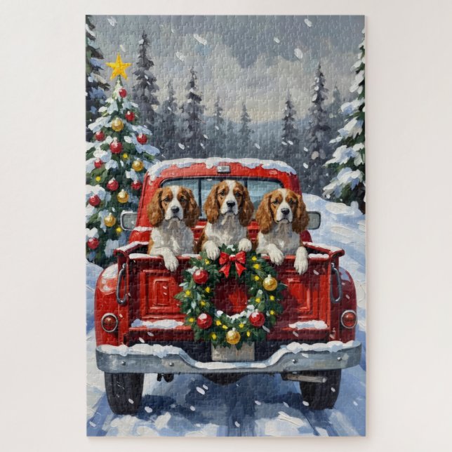 Puzzle Cavalier King Charles Spaniel Noël Camion Rouge (Vertical)