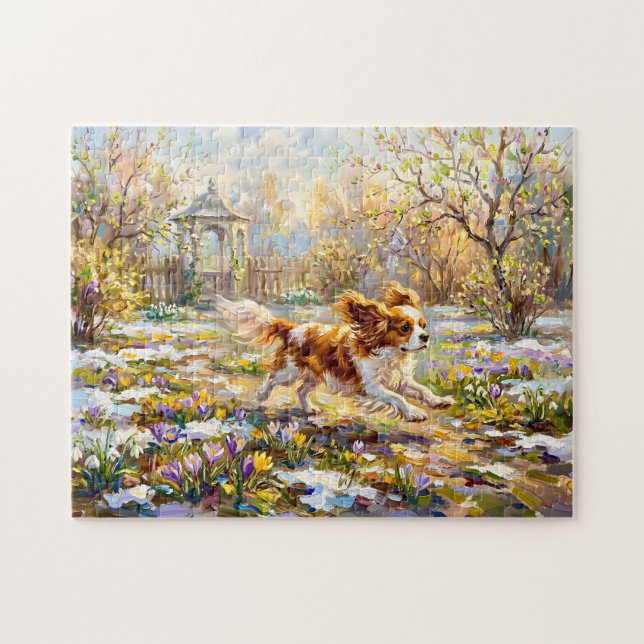 Puzzle Cavalier Spaniel dans un jardin printanier en fleu (Horizontal)