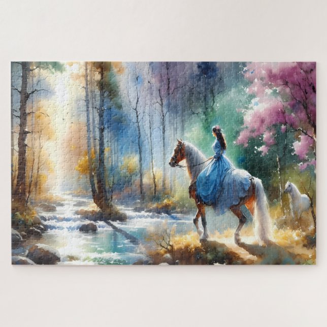 Puzzle Cavalière de rivière à l'aquarelle Forêt Lumière (Horizontal)