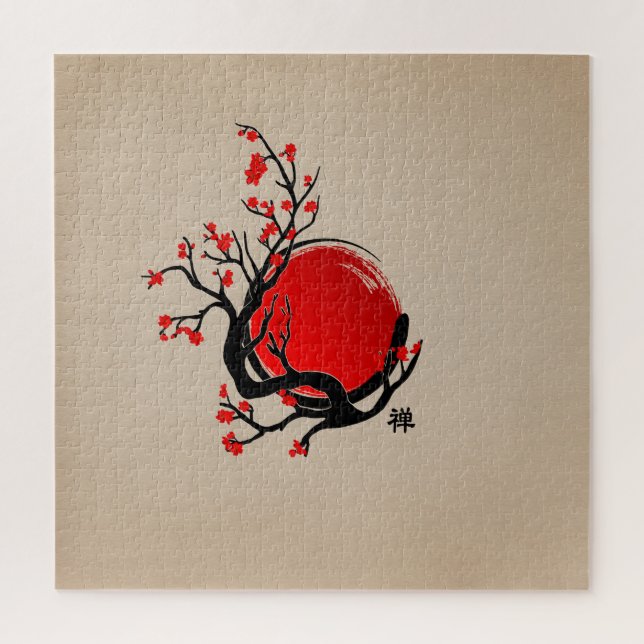 Puzzle Cercle Zen Enso, Soleil et Rouge Sakura Blossom (Vertical)